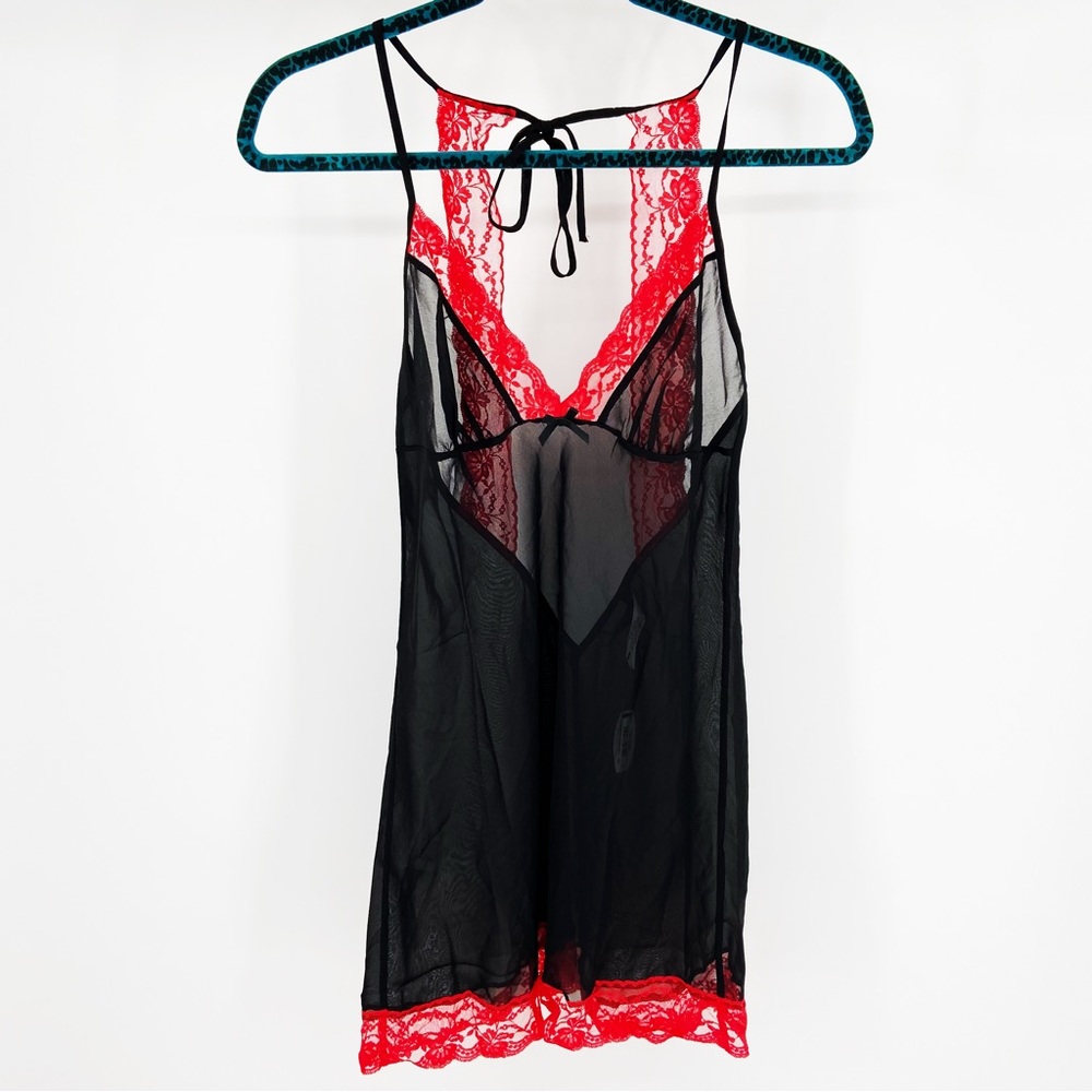NWT Adore Me Black and Red Lace Trim Low Plunging Back Nighty Chemise Size Small